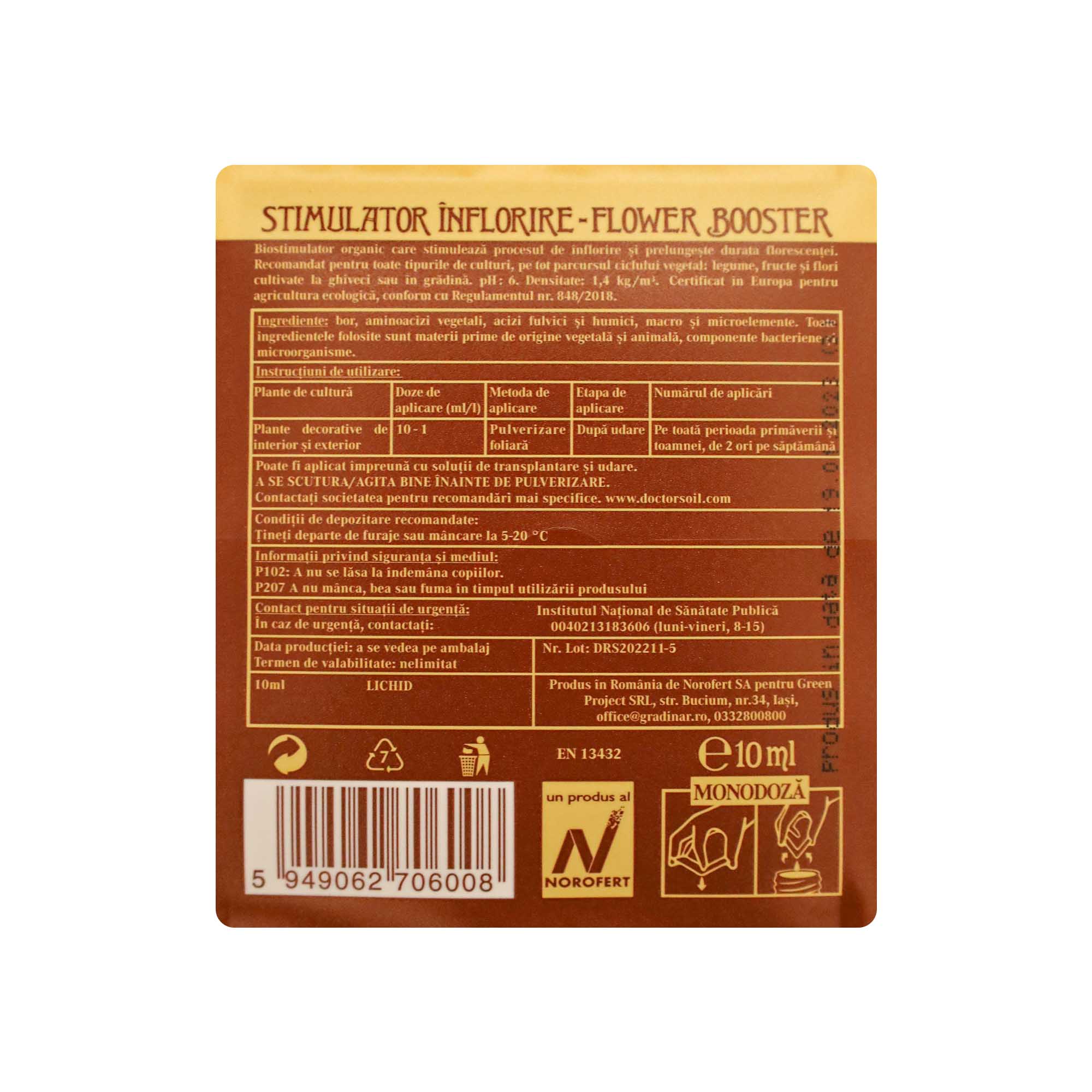 Dr.Soil FLOWER BOOSTER, biostimulator cu rol de stimulare a infloririi, monodoza de 10ml pentru 1L de solutie pentru pulverizat - imagine 2