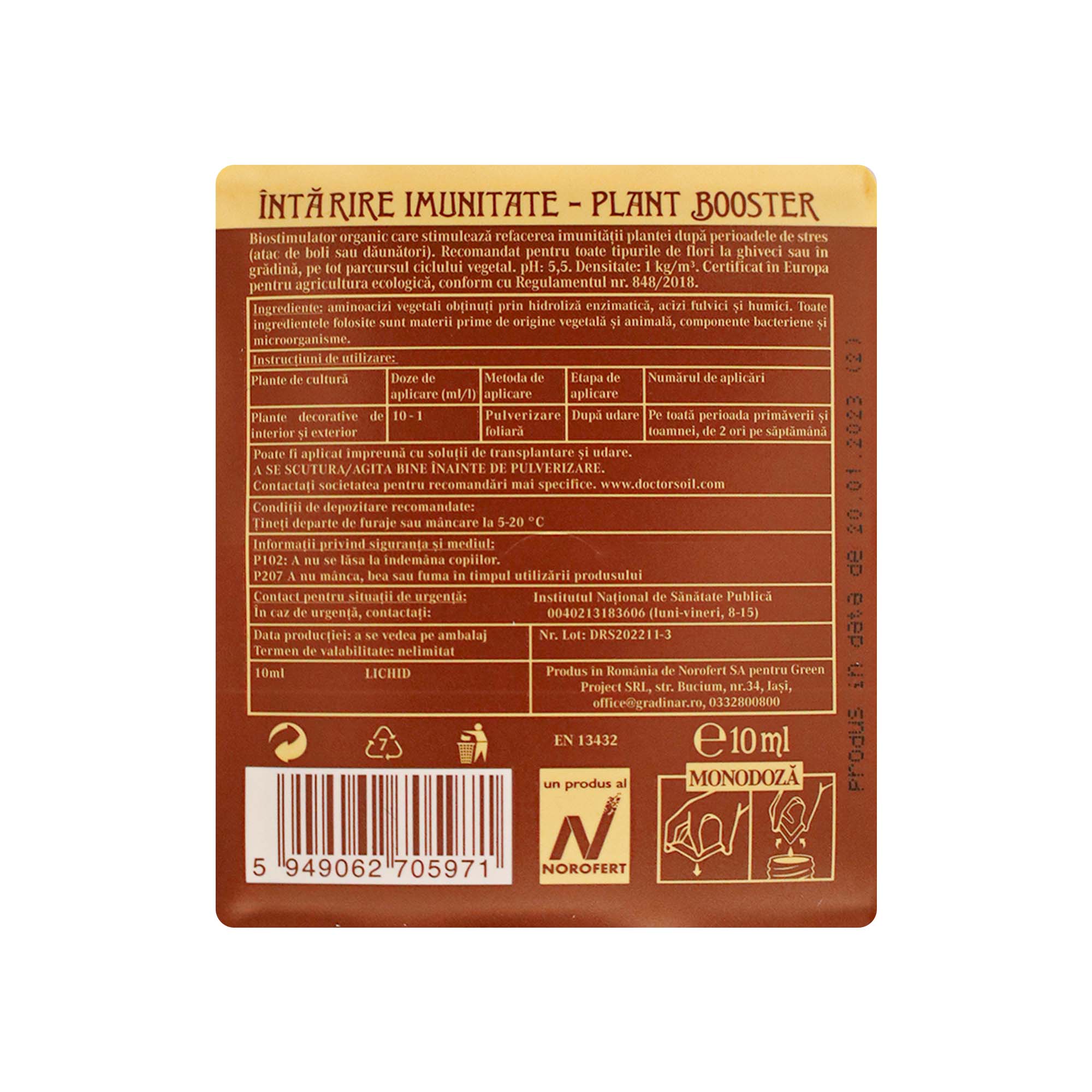 Dr.Soil PLANT BOOSTER, biostimulator cu rol de intarire a imunitatii plantei, monodoza de 10ml pentru 1L de solutie pentru pulverizat - imagine 2