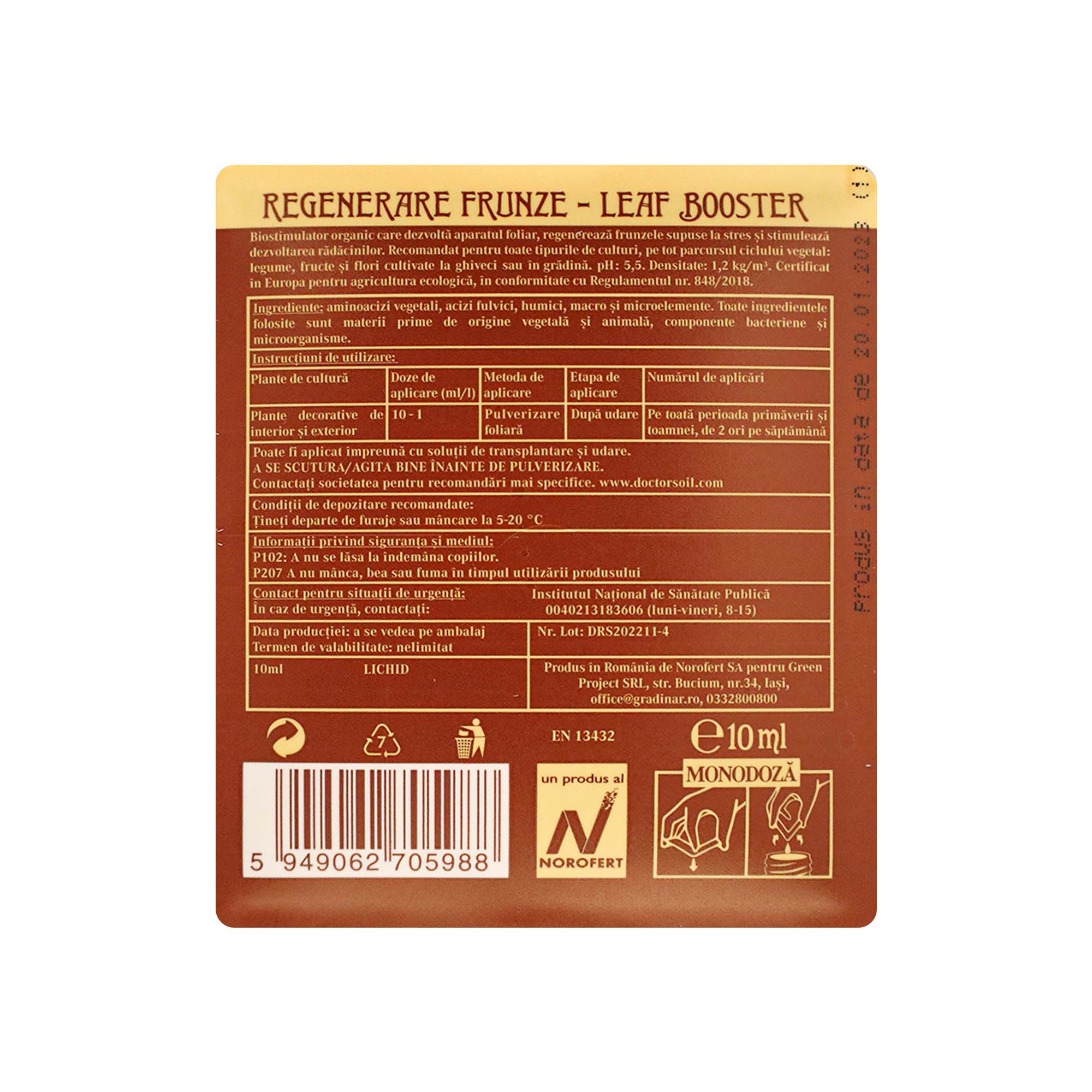 Dr.Soil LEAF BOOSTER, biostimulator cu rol de regenerare a frunzelor, monodoza de 10ml pentru 1L de solutie pentru pulverizat - imagine 2